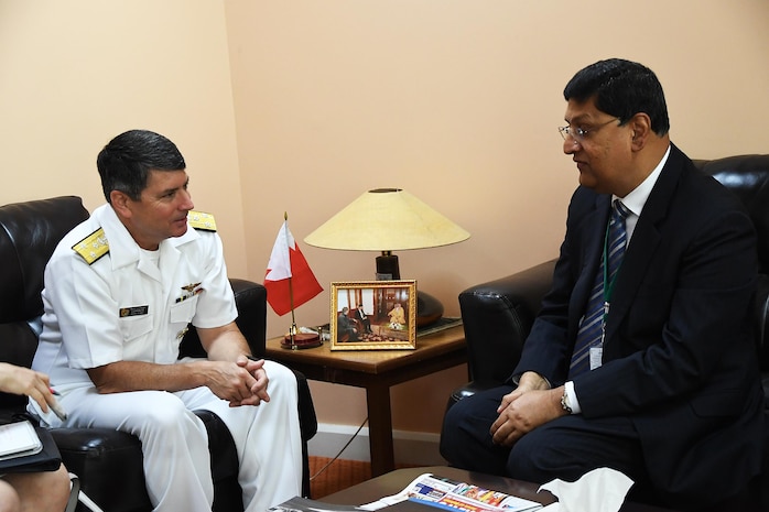 George Cheriyan, chief medical officer and CEO of the American Mission Hospital, speaks with Commander of U.S. Naval Forces Central Command Vice Adm. Kevin Donegan during a tour to highlight the longest and most enduring relationship in the Middle East, between the United States and Bahrain. The American Mission Hospital began as the Arabian Mission in 1889 and has served the people of Bahrain for over 110 years. Bahrain is headquarters to the U.S. 5th Fleet. (U.S. Navy photo by Mass Communication Specialist 2nd Class Victoria Kinney)