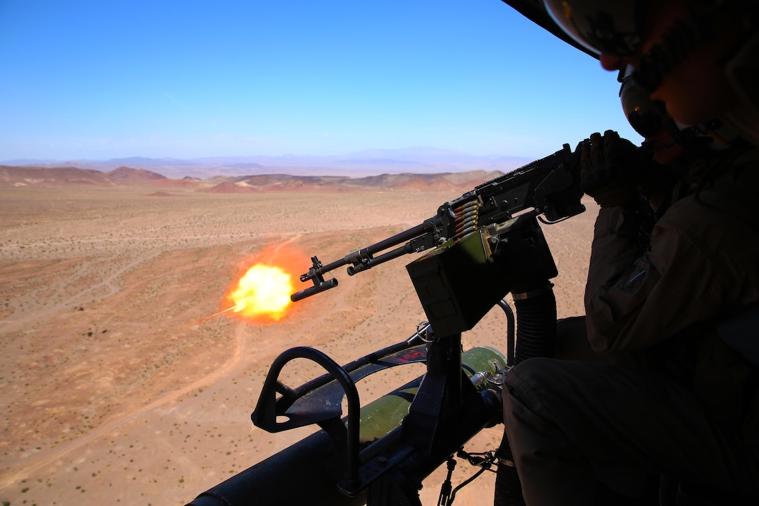 Lance Cpl. Gregory Ybarra, a UH-1Y crew chief with Marine Light Attack Helicopter Squadron 469, provides cover fire for Marines from 3rd Marine Regiment during a tactical recovery of aircraft and personnel training mission as part of Integrated Training Exercise 3-17 at Marine Air Ground Combat Center Twentynine Palms, Calif., May 17, 2017. ITX is a combined-arms training exercise enabling Marines across 3rd Marine Aircraft Wing to operate as an aviation combat element integrated with ground and logistics combat elements as a Marine air-ground task force.