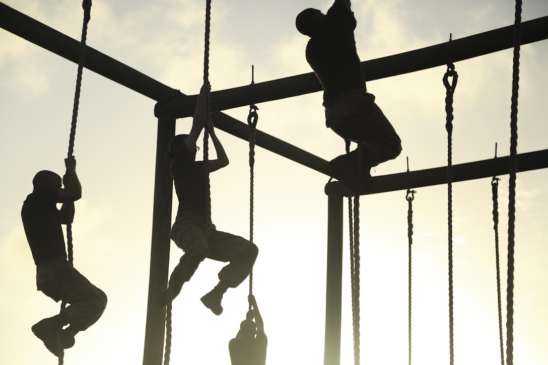 U.S. Marine Corps recruits with November Company, 4th Battalion and Hotel Company, 2nd Battalion, Recruit Training Regiment, climb ropes during an obstacle course on Marine Corps Recruit Depot, Parris Island, S.C., May 20, 2017. Recruits with November and Hotel Company completed an obstacle course to test their strength, agility and endurance.