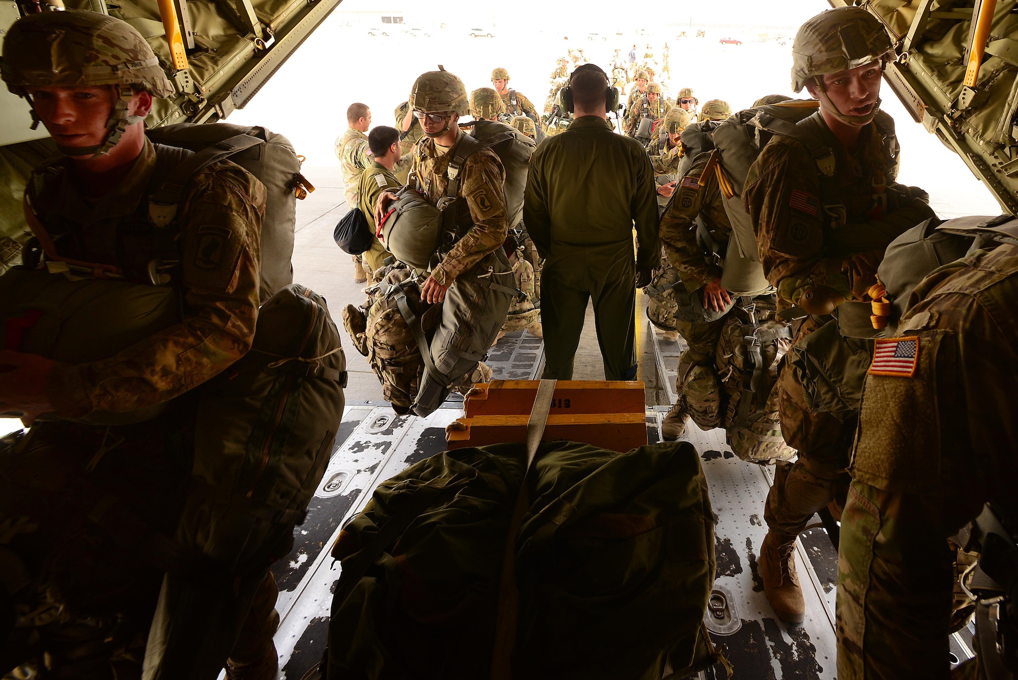 U.S. Army Air Cavalry attached to the 173rd Air Brigade from Vincenza, Italy board a C-130J Super Hercules assigned to the 37th Airlift Squadron, 86th Airlift Wing, Ramstein Air Base, Germany, prior to an airdrop sortie in support of exercise Juniper Falcon May 15, at Nevatim Air Force Base, Israel. Juniper Falcon 17 represents the combination of several bi-lateral component exercises with Israel Defense Forces that have been executed annually since 2011. These exercises were combined to increase joint training opportunities and capitalize on transportation and cost efficiencies gained by aggregating forces.   (U.S. Air Force photo/ Tech. Sgt. Matthew Plew)