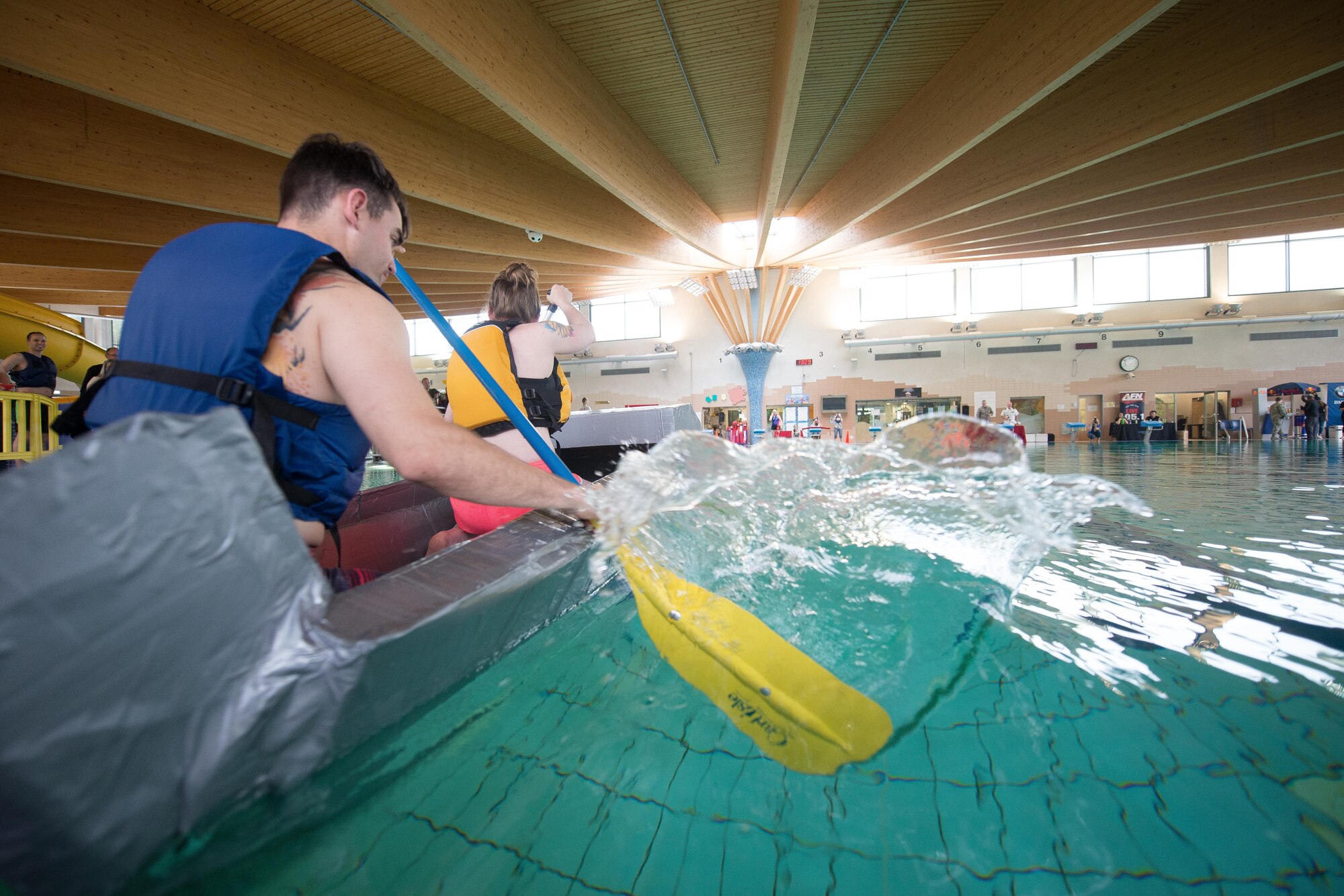 The 786th Civil Engineer Squadron's Battle of the Battleships team takes off during the 86th Force Support Squadron 2017 Battle of the Battleships speed race on Ramstein Air Base, May 19, 2017. The 786th CES took first place for the "Fastest Ship" award, earning medals and a cash prize. Other awards included the "Spirit Award," "Most Outstanding Design" and "Davey Jones' Locker," or first ship to sink. (U.S. Air Force photo by Senior Airman Elizabeth Baker)