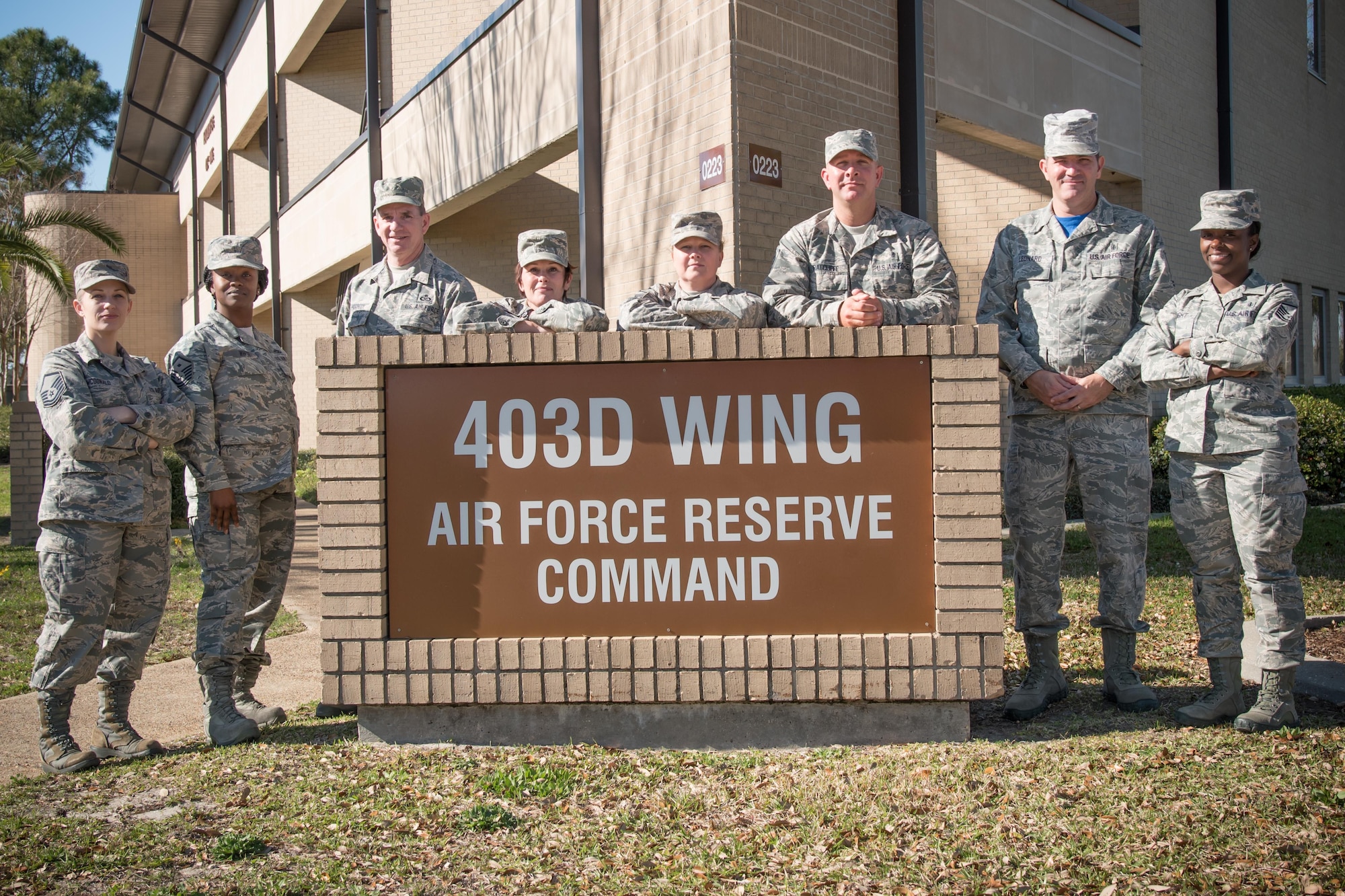First sergeants from the 403rd Wing pose for a group photo March 3, 2017 at Keesler Air Force Base, Mississippi. (U.S. Air Force photo/Staff Sgt. Heather Heiney)