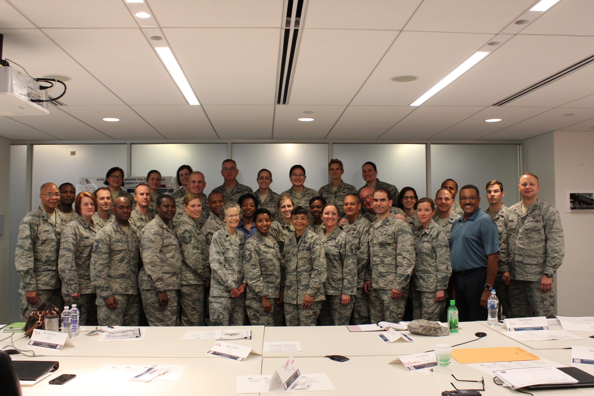 Members of the Air Force Medical Service Trusted Care Deliberate Planning Team after their May 5, 2017 meeting at the Defense Health Headquarters in Falls Church, Va. The DPT was tasked with creating a plan to sustain Trusted Care principles in the AFMS for the future. At this meeting, the DPT presented recommendations from Community of Interest groups to AFMS Deputy Chief, Maj. Gen. Dorothy Hogg. 