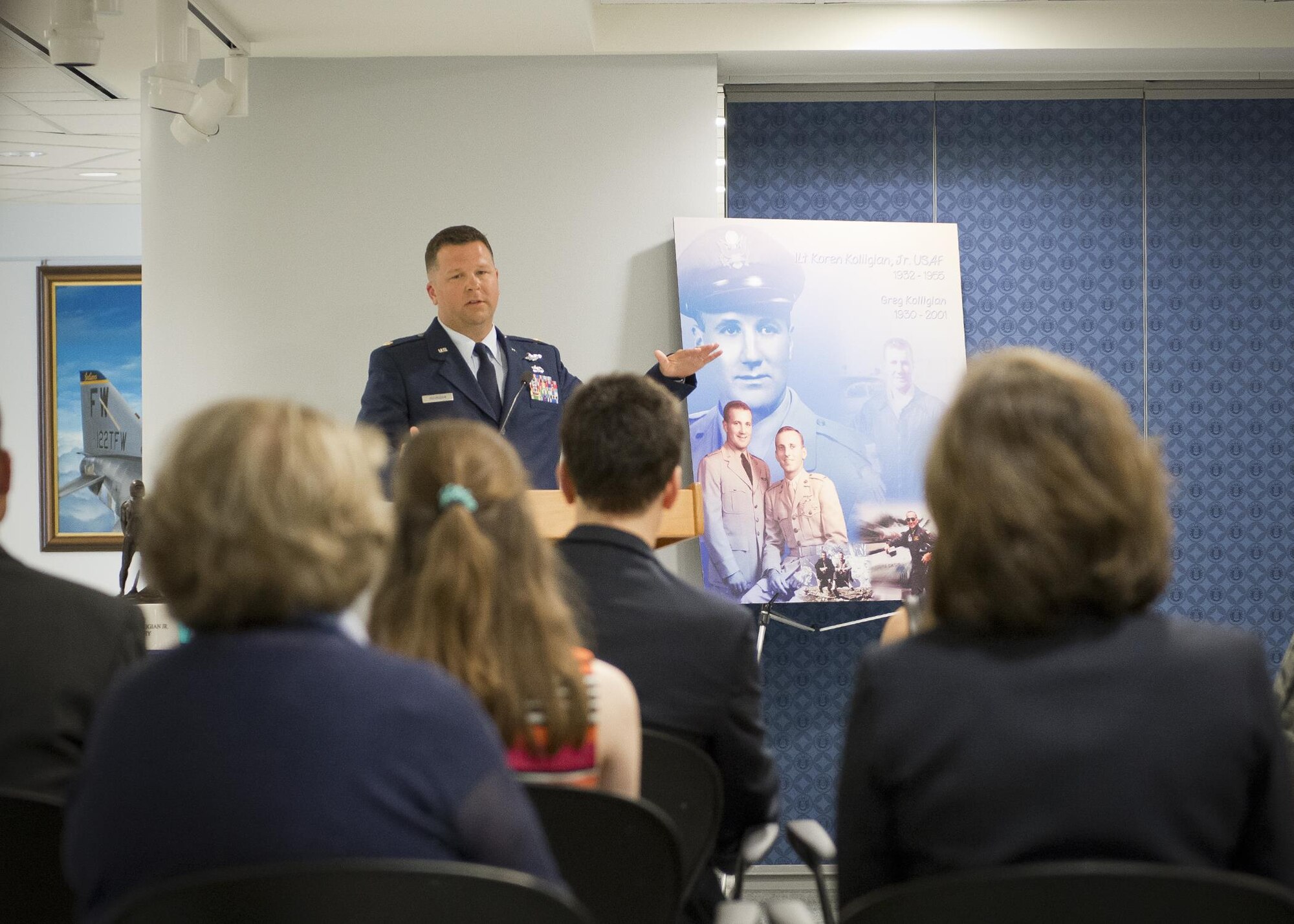 Maj. John Hourigan, a 123rd Operations Support Squadron C-130 Hercules pilot, speaks after receiving the Koren Kolligian Trophy during ceremony in the Pentagon, Washington, D.C., May 17, 2017. On July 15, 2016, Hourigan’s aircraft began vibrating so badly that crew members were unable to communicate with each other through their headsets, read gauges or flight instruments. Hourigan quickly determined the source of vibration, implemented corrective action and executed an engine-out landing, saving the lives of all six crew members on board. (U.S. Air National Guard photo by Master. Sgt. Marvin R. Preston)