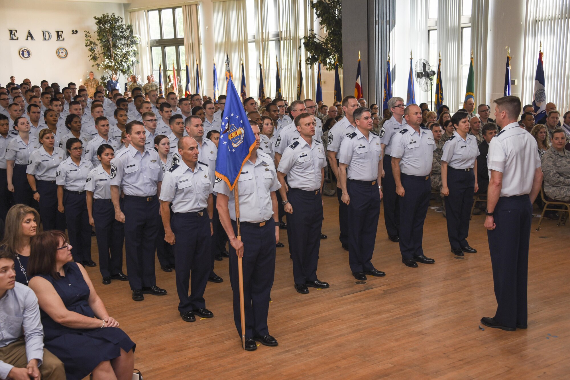 Commanders and Airmen stand in formation during the 70th Intelligence, Surveillance and Reconnaissance Wing change of command ceremony May 17 at Fort George G. Meade, Maryland. Col. Matteo Martemucci assumed command of the wing, replacing the outgoing commander, Col. Thomas Hensley. (U.S. Air Force photo/Staff Sgt. AJ Hyatt)
