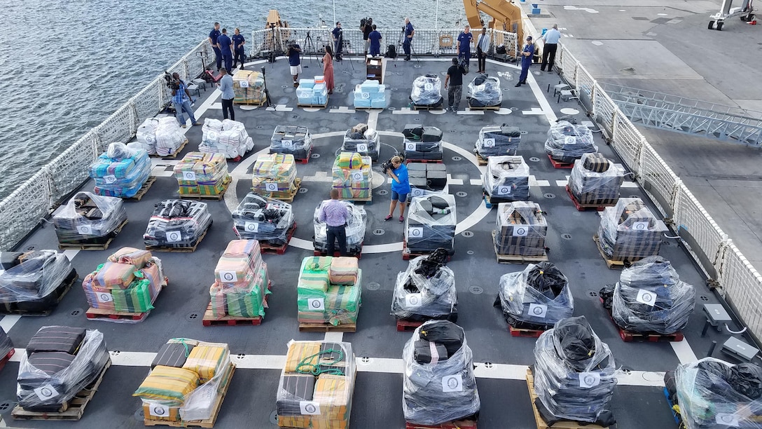 Media members get video of contraband during a drug offload press event in Port Everglades, Fla., May 18, 2017. Joint operations lead to the interdiction of over 18.5 tons of contraband. (Photo by Petty Officer 1st Class Luke Clayton)