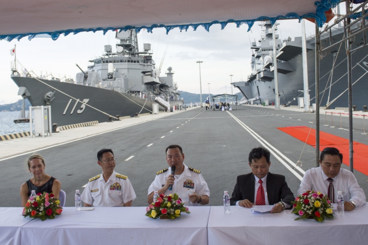 Leaders from the United States, Japan and Vietnam answer questions at a news conference during the opening ceremony for Pacific Partnership 2017 in Cam Ranh, Khanh Hoa province, Vietnam, May 20, 2017. Pacific Partnership is the largest annual multilateral humanitarian assistance and disaster relief preparedness mission conducted in the Indo-Asia-Pacific and aims to enhance regional coordination in medical readiness and preparedness for manmade and natural disasters. Navy photo by Petty Officer 2nd Class Chelsea Troy Milburn