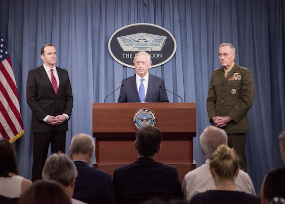 Defense Secretary James Mattis and Marine Corps Gen. Joseph F. Dunford, Jr., Chairman of the Joint Chiefs of Staff, update the media on the campaign against the Islamic State of Iraq and Syria during a joint press conference at the Pentagon in Washington, D.C., May 19, 2017.