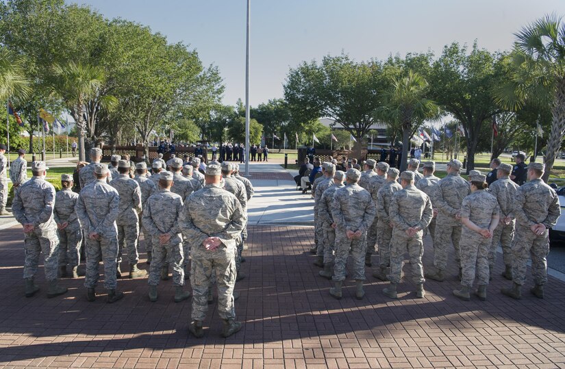 Charleston Airmen stand in formation during Police Week opening ceremonies at Joint Base Charleston, S.C., May 15, 2017. A ceremony was held during Police Week to honor fallen security forces members.