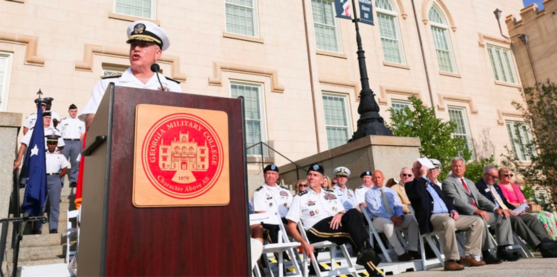 MILLEDGEVILLE, Georgia (May 19, 2017) – Navy Adm. Kurt W. Tidd, commander of U.S. Southern Command, addresses students and faculty at Georgia Military College. Tidd was a guest speaker during the college’s Memorial Day Parade. (Photo courtesy of Georgia Military College)