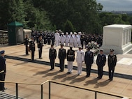 Senior enlisted leaders place a wreath at the Tomb of the Unknowns at Arlington National Cemetery, Va., May 20, 2017, in honor of Armed Forces Day.