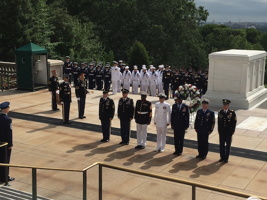 Senior enlisted leaders place a wreath at the Tomb of the Unknowns at Arlington National Cemetery, Va., May 20, 2017, in honor of Armed Forces Day.