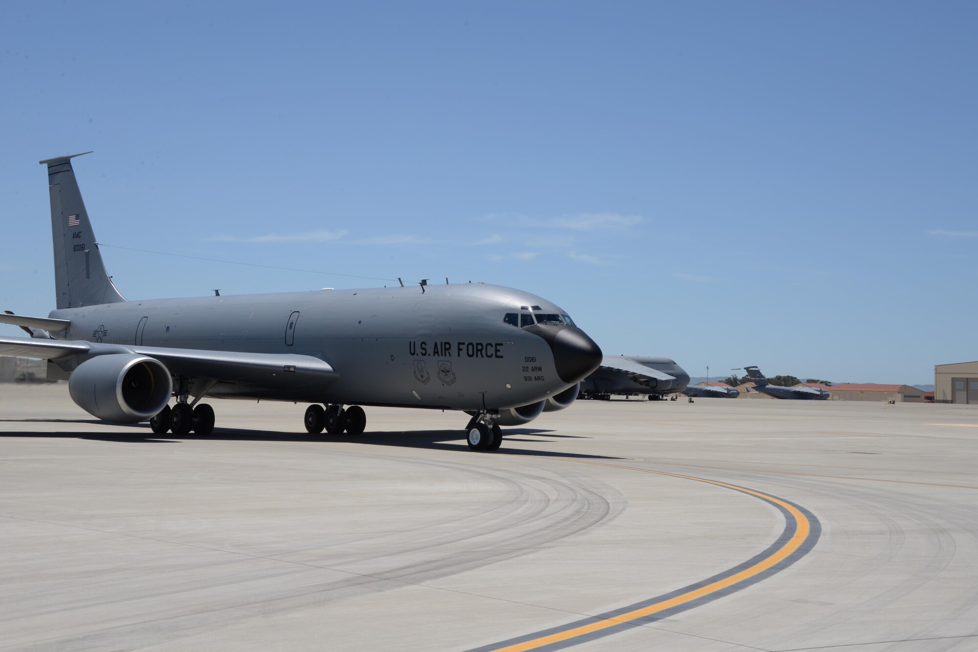 A KC-135 Stratotanker assigned to the 22nd Air Refueling Wing at McConnell Air Force Base, Kan., taxis to its parking spot May 18, 2017 at Travis AFB, Calif. The KC-135 was part of a group of eight aircraft that flew to Travis to avoid extreme weather in the Midwest. (U.S. Air Force photo/Tech. Sgt. James Hodgman)