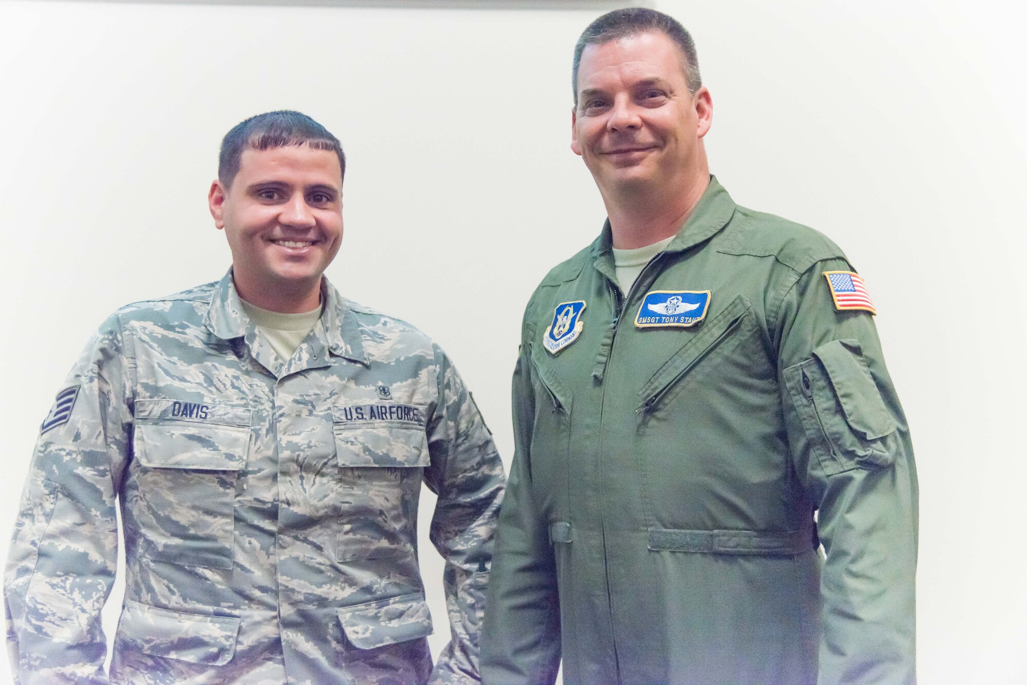 Staff Sgt. Ryan Davis and Senior Master Sgt. Anthony Staut, 36th Aeromedical Evacuation Squadron award winners, pose for a photo May 6, 2017 at Keesler Air Force Base, Mississippi. (U.S. Air Force photo/Staff Sgt. Heather Heiney)