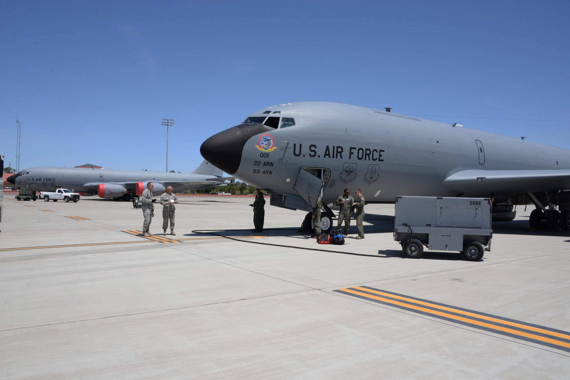 A KC-135 Stratotanker assigned to the 22nd Air Refueling Wing at McConnell Air Force Base, Kan., waits to be serviced May 18, 2017 at Travis AFB, Calif. The KC-135 was part of a group of eight aircraft that flew to Travis to avoid extreme weather in the Midwest. (U.S. Air Force photo/Tech. Sgt. James Hodgman)