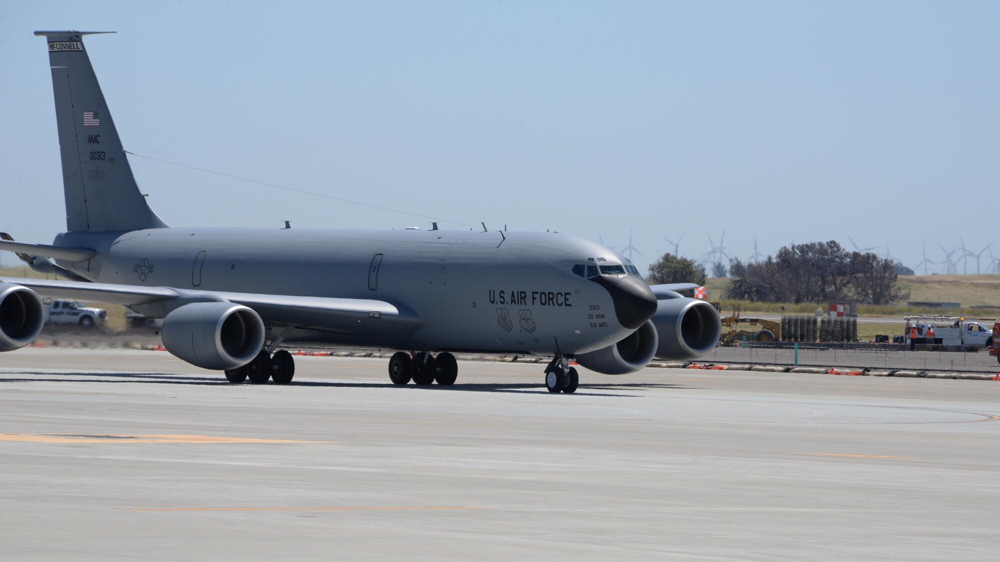 A KC-135 Stratotanker assigned to the 22nd Air Refueling Wing at McConnell Air Force Base, Kan., taxis to its parking spot May 18, 2017 at Travis AFB, Calif. The KC-135 was part of a group of eight aircraft that flew to Travis to avoid extreme weather in the Midwest. (U.S. Air Force photo/Tech. Sgt. James Hodgman)