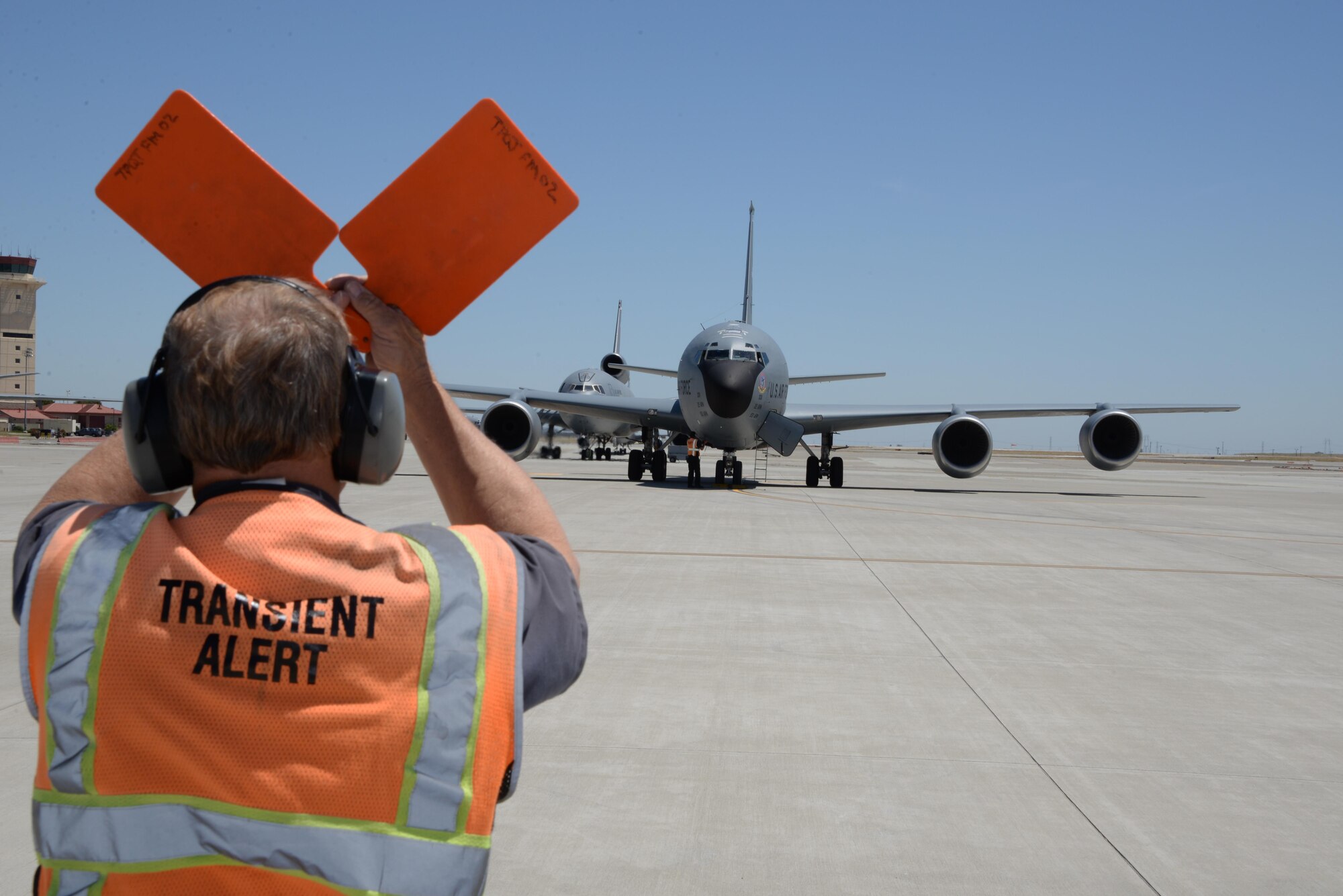 A KC-135 Stratotanker assigned to the 22nd Air Refueling Wing at McConnell Air Force Base, Kan., taxis to its parking spot May 18, 2017 at Travis AFB, Calif. The KC-135 was part of a group of eight aircraft that flew to Travis to avoid extreme weather in the Midwest. (U.S. Air Force photo/Tech. Sgt. James Hodgman)