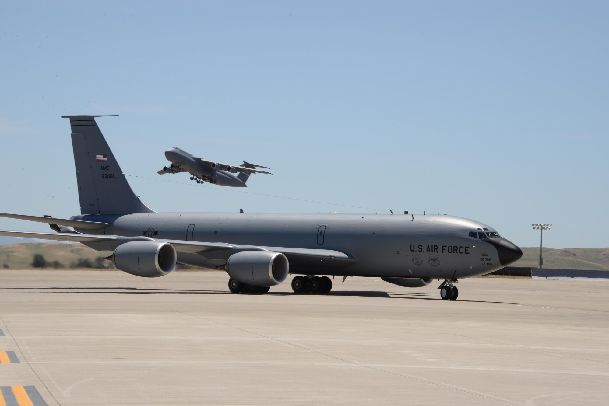 A KC-135 Stratotanker assigned to the 22nd Air Refueling Wing at McConnell Air Force Base, Kan., taxis to its parking spot May 18, 2017 at Travis AFB, Calif. The KC-135 was part of a group of eight aircraft that flew to Travis to avoid extreme weather in the Midwest. (U.S. Air Force photo/Tech. Sgt. James Hodgman)