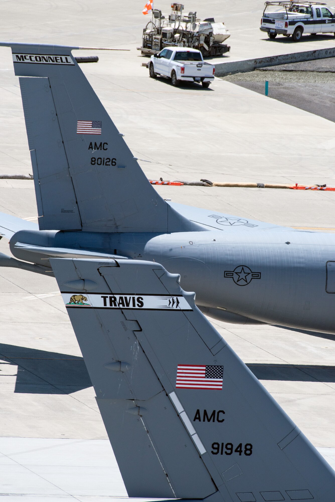 A KC-135 Stratotanker from the 22nd Air Refueling Wing, McConnell Air Force Base, Kan., arrives at Travis AFB, Calif., May 18, 2017. The aircraft is staging here at Travis as a precaution because of possible tornadoes and hail in the McConnell area. (U.S. Air Force photo by Louis Briscese)