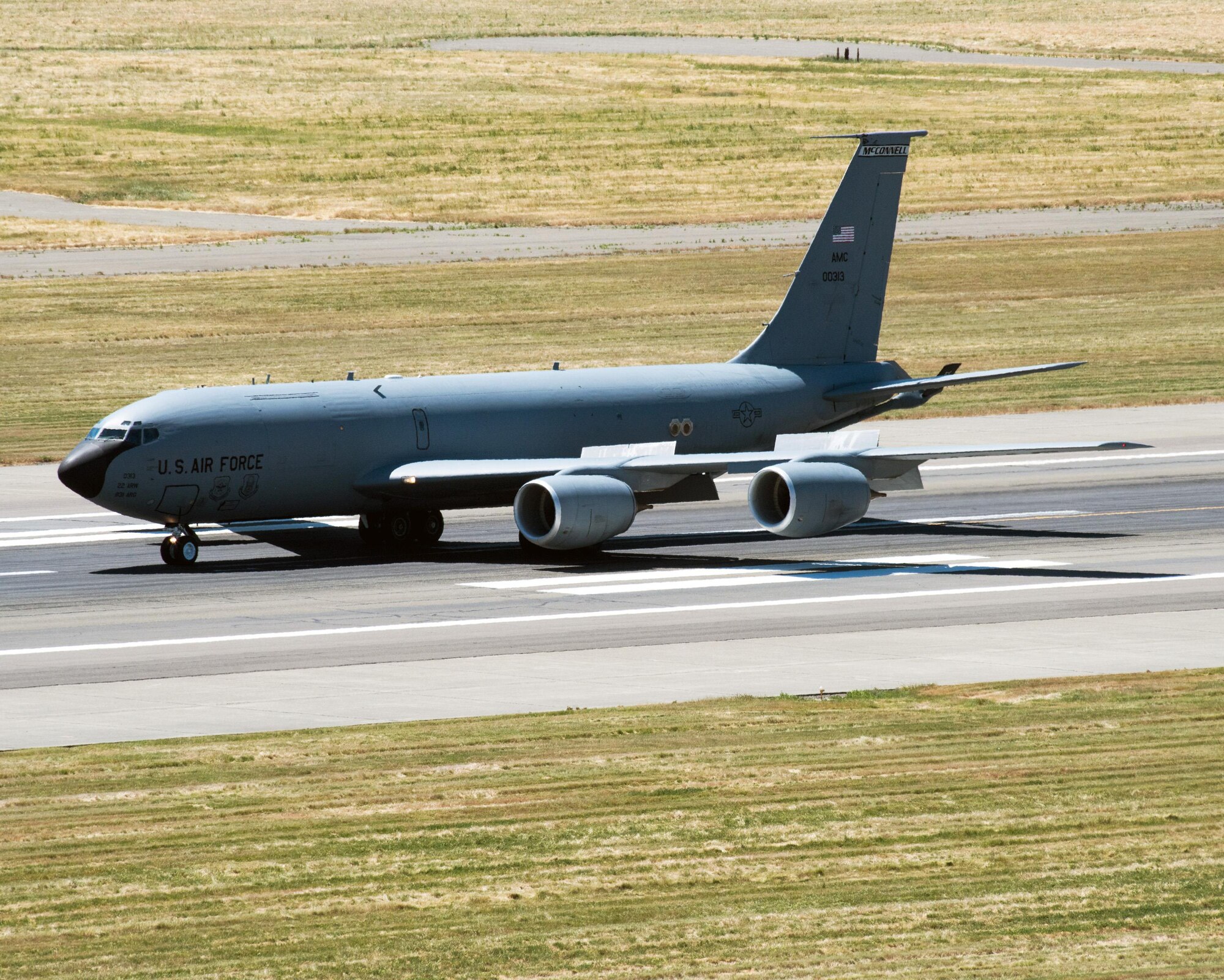 A KC-135 Stratotanker from the 22nd Air Refueling Wing, McConnell Air Force Base, Kan., arrives at Travis AFB, Calif., May 18, 2017. The aircraft is staging here at Travis as a precaution because of possible tornadoes and hail in the McConnell area. (U.S. Air Force photo by Louis Briscese)