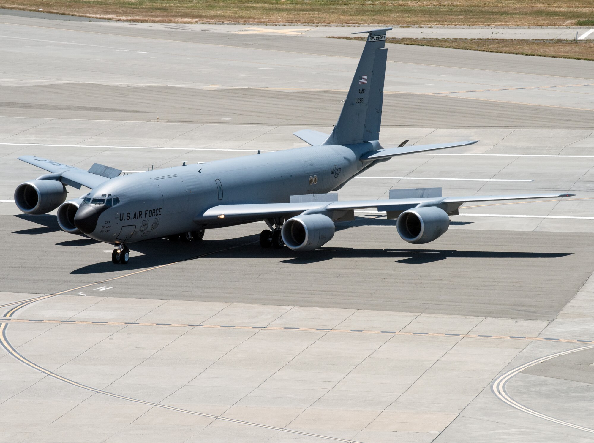 A KC-135 Stratotanker from the 22nd Air Refueling Wing, McConnell Air Force Base, Kan., arrives at Travis AFB, Calif., May 18, 2017. The aircraft is staging here at Travis as a precaution because of possible tornadoes and hail in the McConnell area. (U.S. Air Force photo by Louis Briscese)
