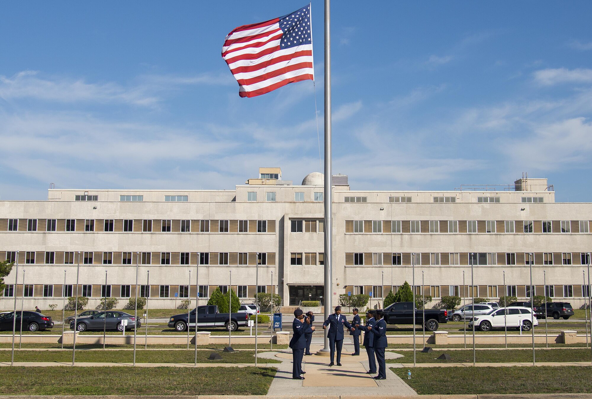 96th Security Forces Squadron Airmen practice the flag-folding procedures prior to the squadron executing the base retreat ceremony May 19 at Eglin Air Force Base, Fla.  The retreat ceremony closed out the base’s Police Week activities.  (U.S. Air Force photo/Cheryl Sawyers)