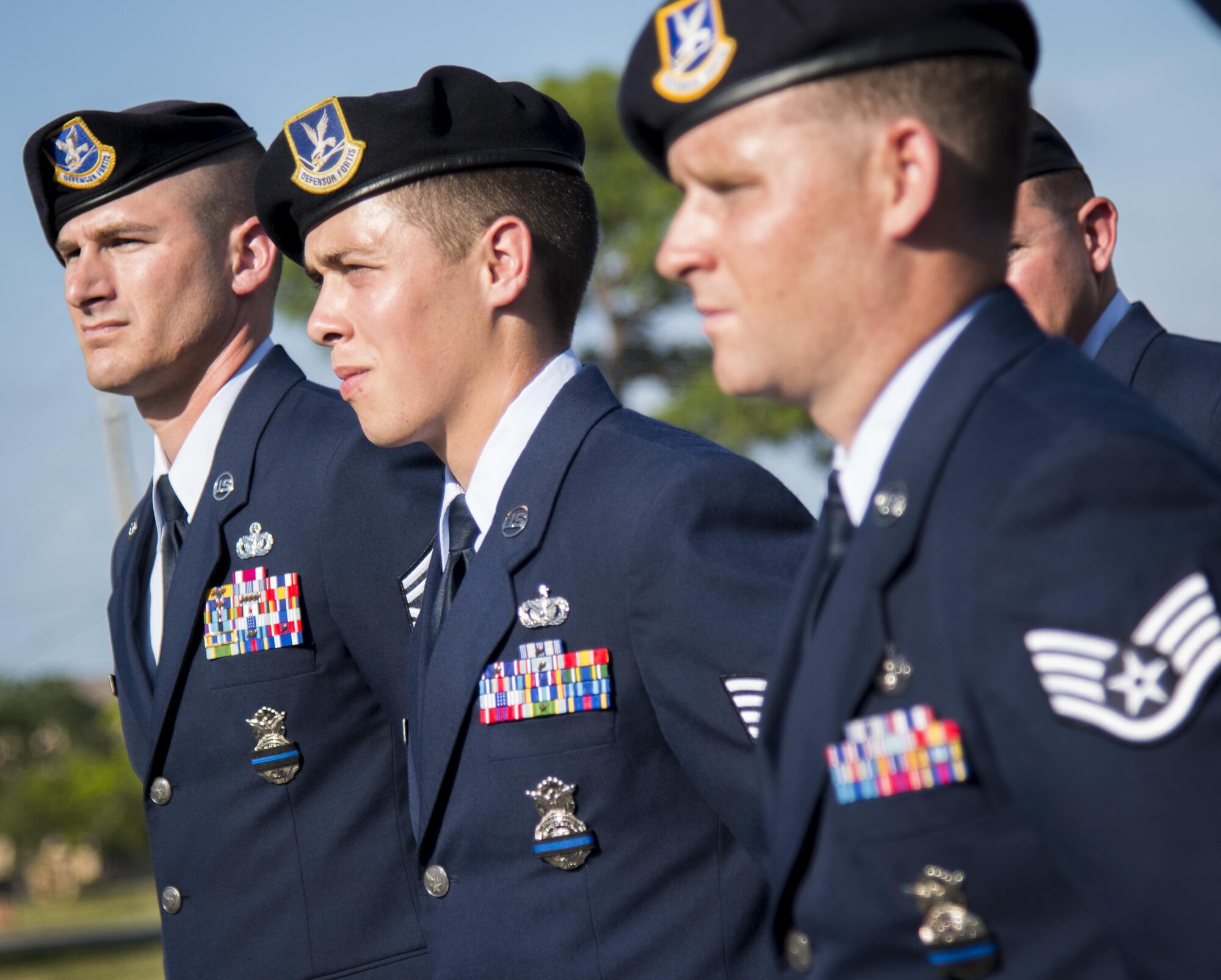 96th Security Forces Squadron Airmen stand at parade rest after the base retreat ceremony May 19 at Eglin Air Force Base, Fla.  The retreat ceremony closed out the base’s Police Week activities.  (U.S. Air Force photo/Cheryl Sawyers)