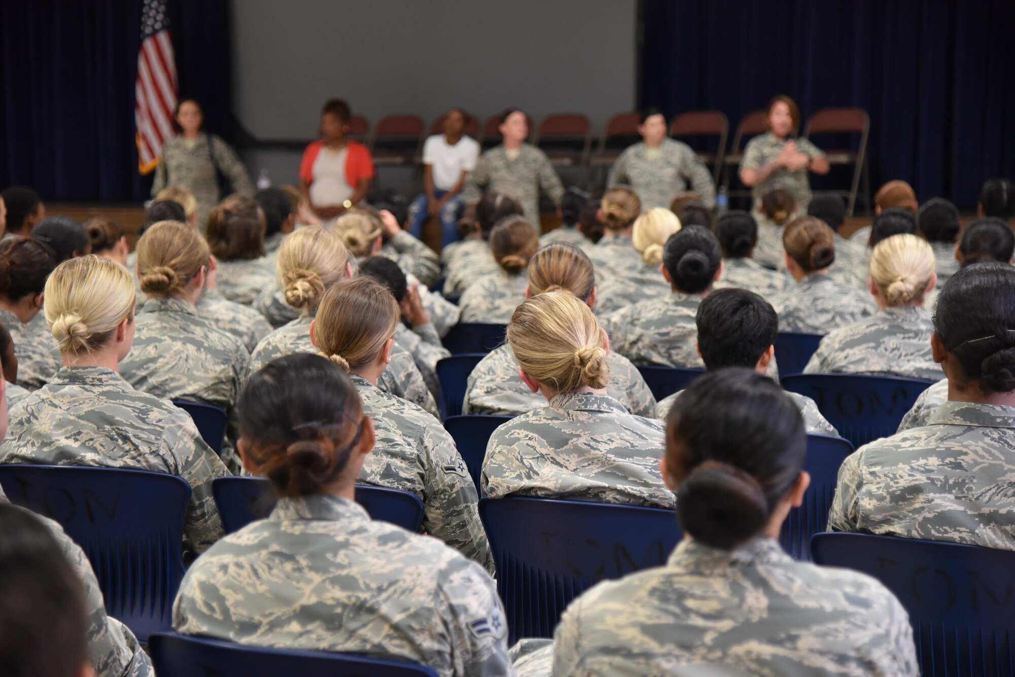 More than 250 female Airmen fill the Community Activity Center for the first ever 82nd Training Wing Female Airmen Forum, May 16, 2017. Five NCO’s and the base’s director of Military Equal Opportunity led an open discussion about being a female in the Air Force. (U.S. Air Force photo by 2nd Lt. Jacqueline Jastrzebski)