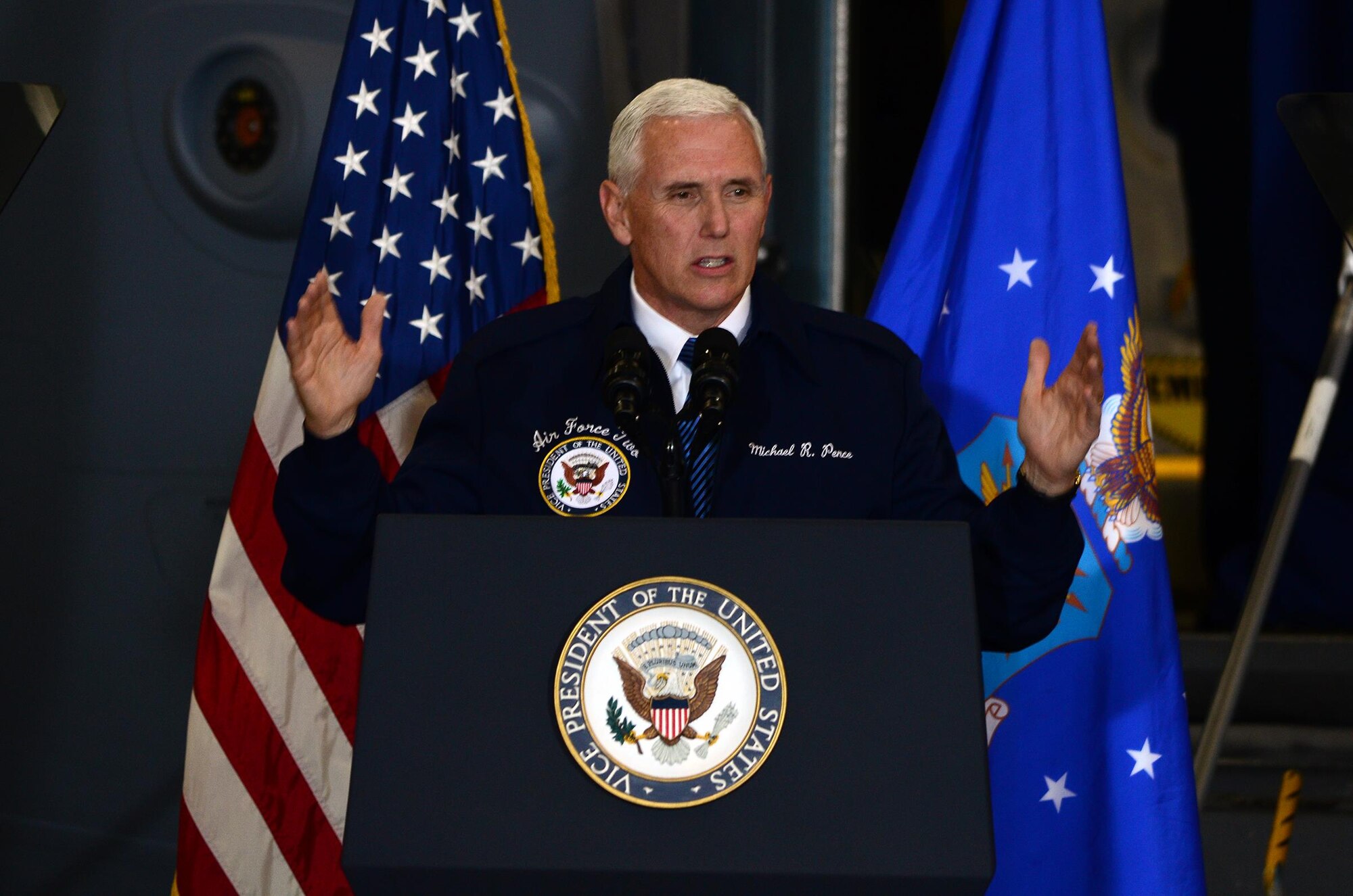 Vice President Mike Pence speaks to a crowd of approximately 250 Airmen and families inside a 445th Airlift Wing hangar Saturday, May 20, 2017. The vice president visited Wright-Patterson Air Force Base to commemorate Armed Forces Day. (U.S. Air Force photo/Tech. Anthony Springer)