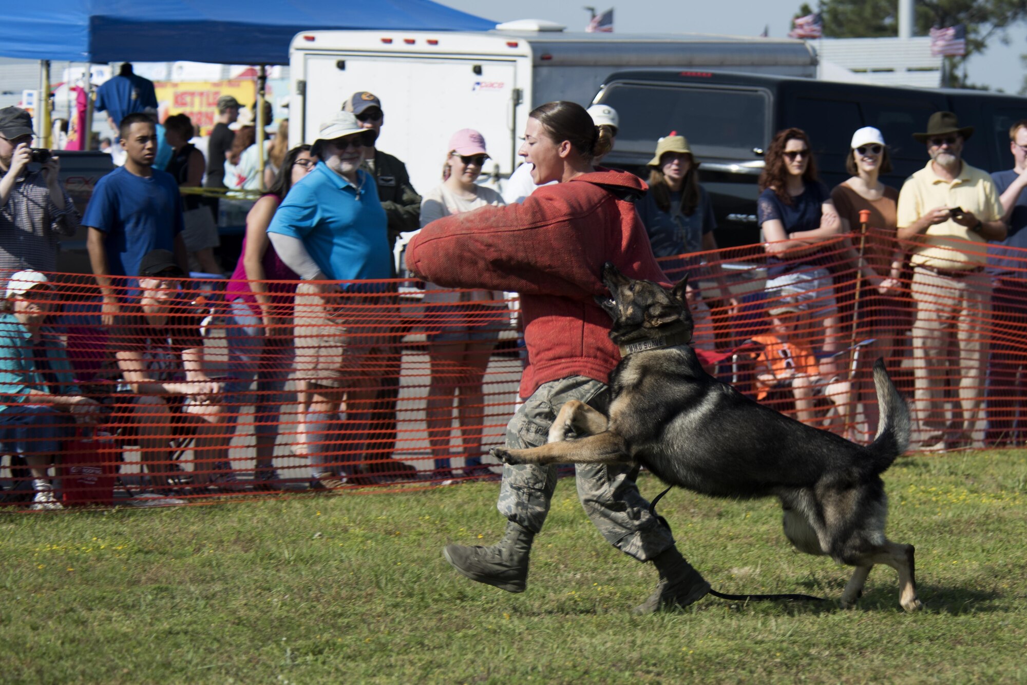 Spectators watch as Staff Sgt. Kathryn McCarthy, 20th Security Forces Squadron military working dog handler, and Miko Suave, 4th SFS MWD, demonstrates the MWD's focus and capabilities during the Wings Over Wayne Air Show, May 20, 2017, at Seymour Johnson Air Force Base, North Carolina. Working dogs are primarily trained for explosive detection, narcotics detection, search and rescue, guard duty and patrol. (U.S. Air Force photo by Airman Shawna L. Keyes)