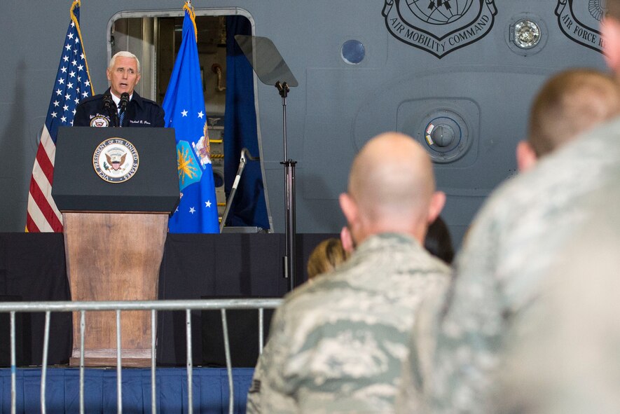 Vice President Mike Pence addresses a crowd of more than 200 Airmen and their families at Wright-Patterson Air Force Base, Ohio, May 20, 2017. During his speech, Pence thanked Airmen for their service and talked about their important role in the defense of our country. Pence and Second Lady Ken Pence visited the base to commemorate Armed Forces Day.  (U.S. Air Force photo by Wesley Farnsworth)