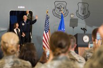 Vice President Mike Pence waves to a crowd of Airmen and their families as he and Second Lady Karen Pence, emerge from a C-17 Globemaster III aircraft at Wright-Patterson Air Force Base, Ohio, May 20, 2017. Pence commemorated Armed Forces Day at the base, addressing a crowd of more than 200 Airmen and their families, thanking them for their service. (U.S. Air Force photo by Wesley Farnsworth)