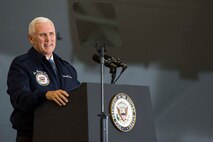 Vice President Mike Pence addresses a crowd of more than 200 Airmen and their families at Wright-Patterson Air Force Base, Ohio, May 20, 2017. During his speech, Pence thanked Airmen for their service and talked about their important role in the defense of our country. (U.S. Air Force photo by Wesley Farnsworth)