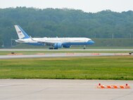 Air Force Two arrives at Wright-Patterson Air Force Base, Ohio, bringing Vice President of the United States Mike Pence, and Second Lady Karen Pence, to commemorate Armed Forces Day, May 20, 2017. During his visit, Pence toured a C-17 Globemaster III aircraft, and addressed an assembled crowd of approximately 200 military personnel and family members. (U.S. Air Force photo by R.J. Oriez)