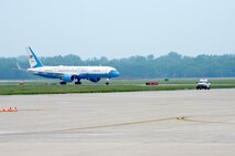 Air Force Two arrives at Wright-Patterson Air Force Base, Ohio, bringing Vice President of the United States Mike Pence, and Second Lady Karen Pence, to commemorate Armed Forces Day, May 20, 2017. During his visit, Pence toured a C-17 Globemaster III aircraft, and addressed an assembled crowd of approximately 200 military personnel and family members. (U.S. Air Force photo by R.J. Oriez)