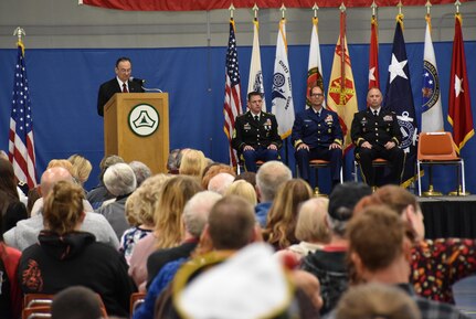 Maj. Gen. Paul Lima, U.S. Army (Ret.) and Civilian Aide to the Secretary of the Army speaks during an “Our Community Salutes” event at Fort McCoy, Wisconsin on Armed Forces Day, May 20, to recognize and honor graduating high school seniors who have committed to enlist in the Armed Forces following high school graduation.