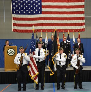 The American Legion Post 288 out of Cedarburg, Wis., provides color guard support during an “Our Community Salutes” event at Fort McCoy, Wisconsin on Armed Forces Day, May 20, 2017.