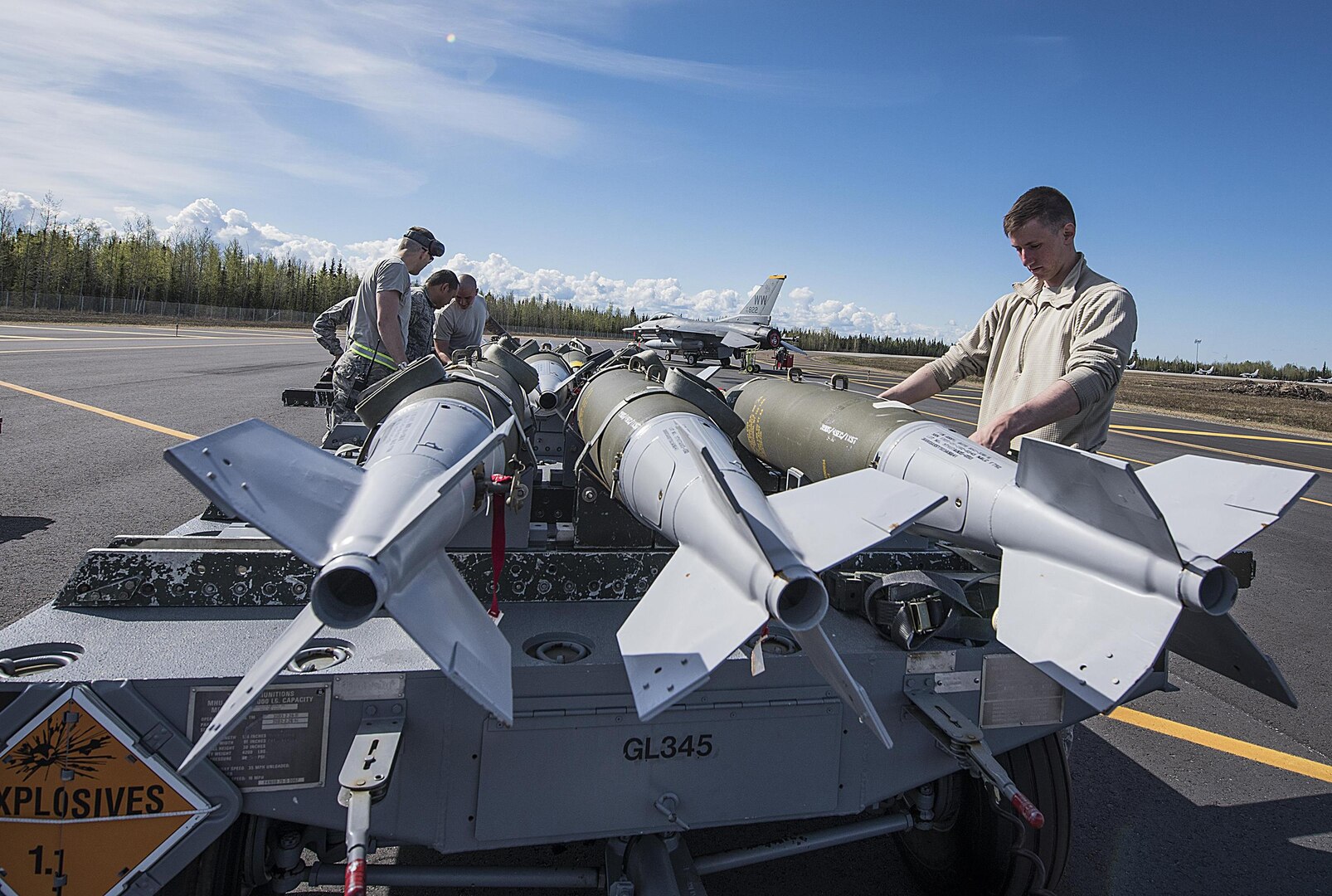 U.S. Air Force Airmen from the 13th Aircraft Maintenance Unit inspect munitions during Distant Frontier at Eielson Air Force Base, Alaska, May 15, 2017. DF training enhances stability in the Indo-Asia-Pacific region by promoting security cooperation, deterring aggression and, when necessary, fighting to win. 