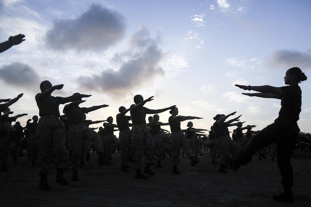 Marine Corps recruits warm up before maneuvering through an obstacle course at Marine Corps Recruit Depot Parris Island, S.C., May, 20, 2017. Marine Corps photo by Lance Cpl. Colby Cooper
