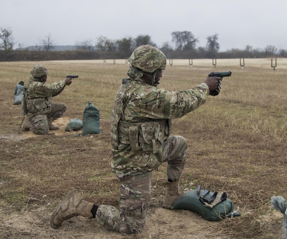 U.S. Army Reserve Soldiers of the 316th Sustainment Command (Expeditionary) shoot the M9 pistol during a qualification at Fort Hood, Texas' M9 Range. The U.S. Army Engineering and Support Center, Huntsville is the designated the Range and Training Land Program Mandatory Center of Expertise and with input from major Army commands and schools, develops generic design manuals for Multi-Purpose Range Complexes, small arms qualification ranges, Urban Terrain facilities, Mission Training Complex, and Training Support Center facilities.