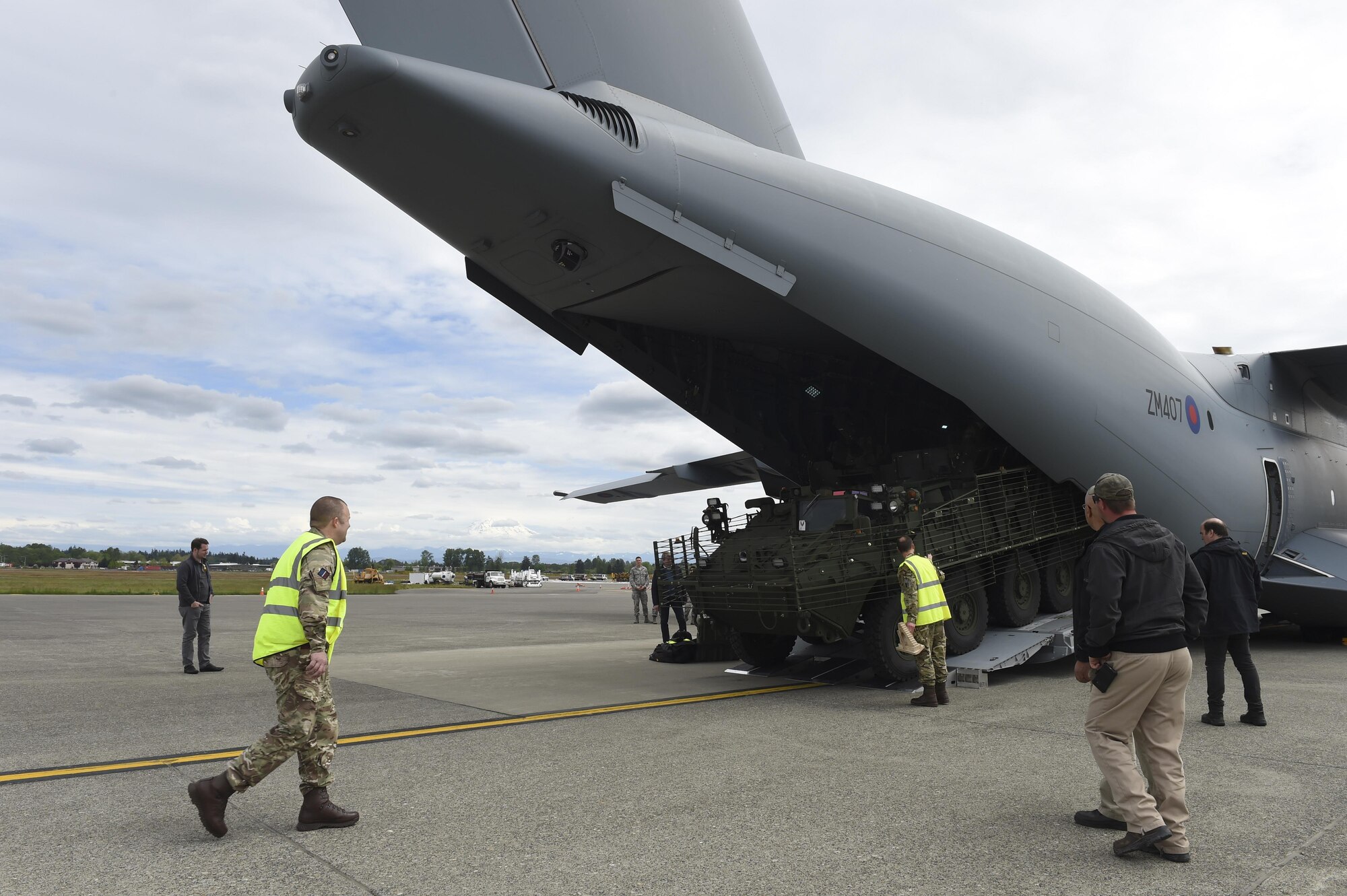 A Stryker vehicle is nearly loaded onto a Royal Air Force A-400M aircraft by the 1st Stryker Brigade Combat Team Soldiers on the McChord Field flightline on May 18, 2017, at Joint Base Lewis-McChord, Wash. The RAF will be one of dozens of international militaries participating in the Mobility Guardian exercise during which JBLM will serve as the primary hub for operations. (U.S. Air Force Photo/ Staff Sgt. Naomi Shipley)