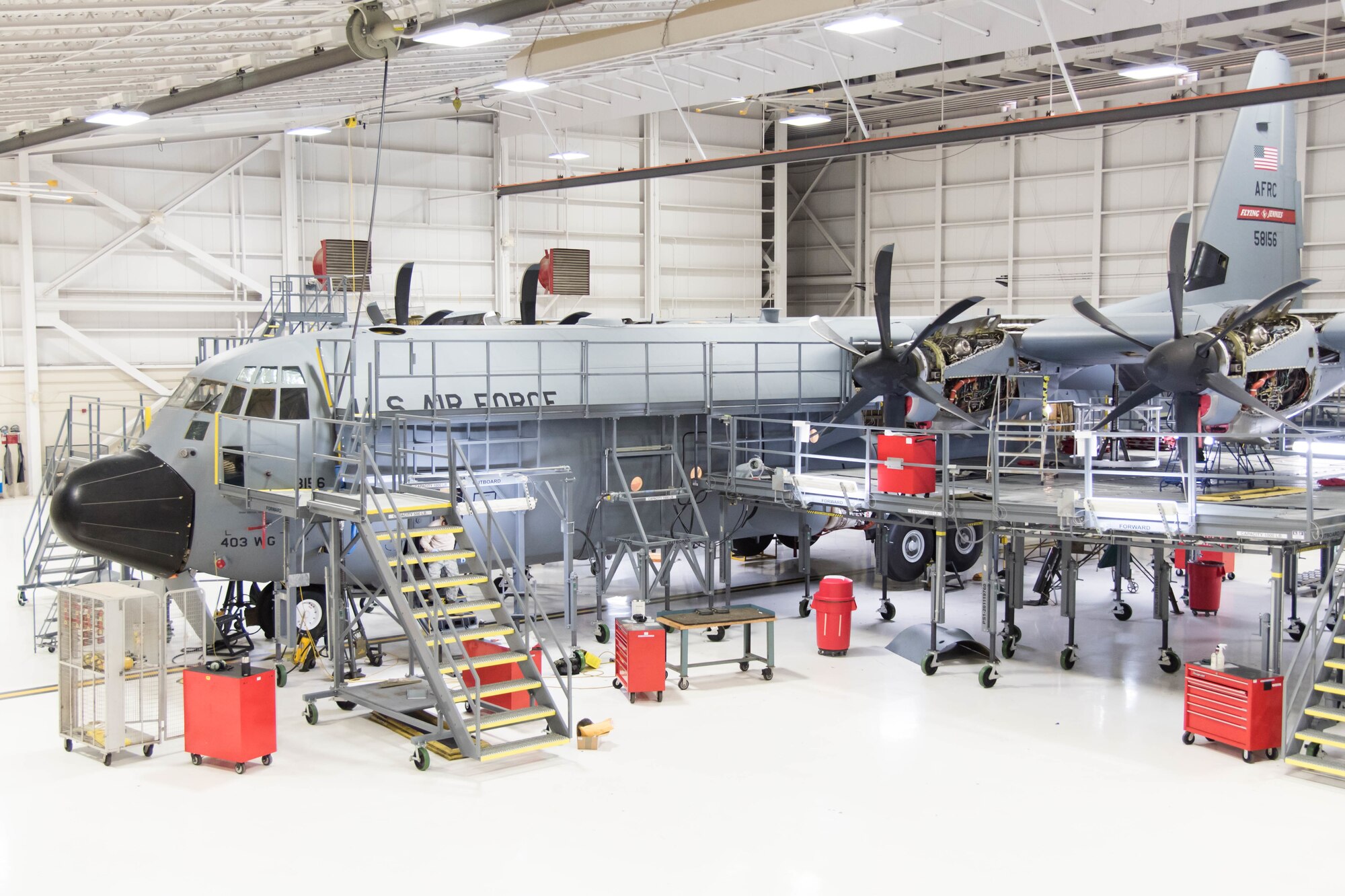 Maintainers from the 403rd Maintenance group work on a C-130J Super Hercules aircraft in the isochronal inspection dock December 21, 2016 at Keesler Air Force Base, Mississippi. (U.S. Air Force photo/Staff Sgt. Heather Heiney)