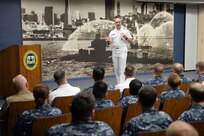 Vice Adm. Charles “Chas” Richard, deputy commander of U.S. Strategic Command (USSTRATCOM), conducts an all hands call with commissioned and enlisted leaders of the submarine community May 19, 2017, at the Submarine Learning Center on Naval Base Point Loma, Calif. Richard discussed current events, the future of undersea warfare and the role of fast-attack and ballistic missile submarine missions in 21st century strategic deterrence. One of nine Department of Defense unified combatant commands, USSTRATCOM has global strategic missions assigned through the Unified Command Plan that include strategic deterrence, space operations, cyberspace operations, joint electronic warfare, global strike, missile defense, intelligence, and analysis and targeting. (U.S. Navy photo by Mass Communication Specialist 2nd Class Derek Harkins)