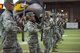 Airmen from the 363rd Training Squadron at Sheppard Air Force Base, Texas, perform a military drill demonstration during the Nighthawks military appreciation football game at the Kay Yeager Coliseum in downtown Wichita Falls, Texas, May 20, 2017. Military drill is a historic tradition which was used to strategically move troops from one place to another while acting as a show of force. It is carried out today to honor heritage, and display the training and discipline of the U.S. Armed Forces. (U.S. Air Force photo by Staff Sgt. Kyle E. Gese)