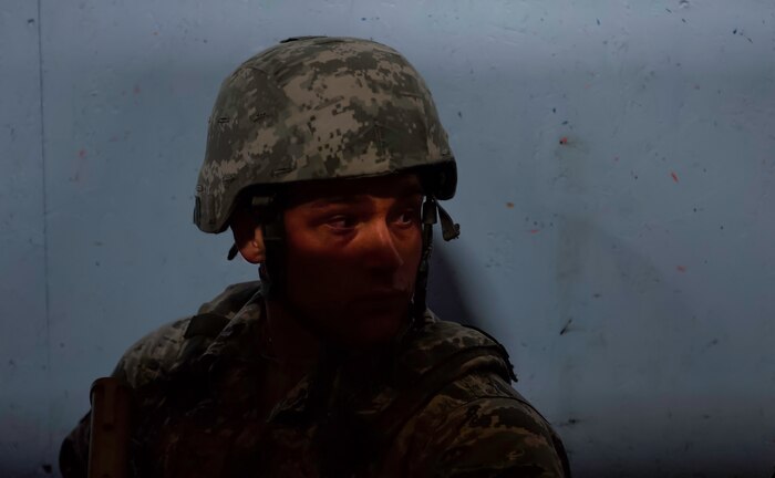 Airman 1st Class Benedetto Mancini, 99th Security Forces Squadron member, clears a hallway during a training scenario in Area II on Nellis Air Force Base, Nev., May 17, 2017. Security Forces personnel are the Air Force's first line of defense, and it is their job to maintain the rule of law on all Air Force bases and installations. (U.S. Air Force photo by Senior Airman Kevin Tanenbaum/Released)