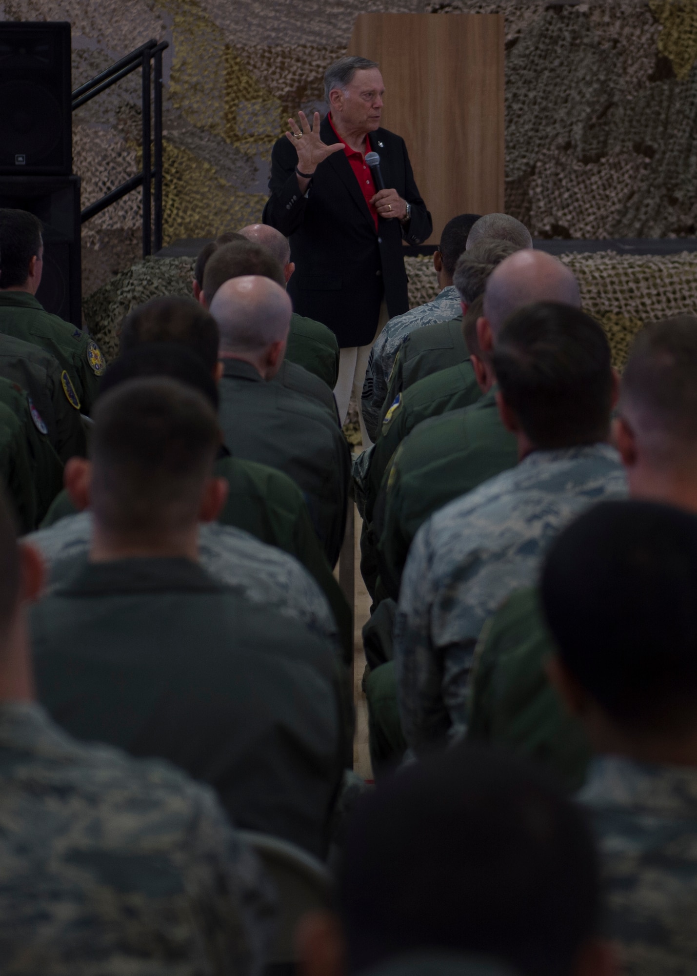 Ret. Gen. John Jumper, former U.S. Air Force chief of staff, speaks to Airmen at Holloman Air Force Base, N.M., on 19 May, 2017. During his time here, he was updated on current Remotely Piloted Aircraft training, and was also given a look into the possibilities of future unmanned aircraft technology. Jumper is most known within the RPA community for his work arming the MQ-1 Predator. (U.S. Air Force Photo by Senior Airman Chase Cannon)