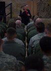 Ret. Gen. John Jumper, former U.S. Air Force chief of staff, speaks to Airmen at Holloman Air Force Base, N.M., on 19 May, 2017. During his time here, he was updated on current Remotely Piloted Aircraft training, and was also given a look into the possibilities of future unmanned aircraft technology. Jumper is most known within the RPA community for his work arming the MQ-1 Predator. (U.S. Air Force Photo by Senior Airman Chase Cannon)
