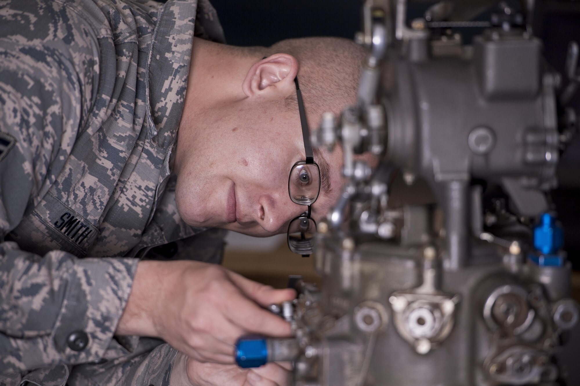 Airman 1st Class Jacob Smith, 374th Maintenance Squadron propulsion apprentice, practices on a C-130H Hercules training component, May 16, 2017, at Yokota Air Base, Japan. Smith is in the Organizational Maintenance and Troubleshooting course taught by instructors with the 373rd Training Squadron Detachment 15. (U.S. Air Force photo by Airman 1st Class Donald Hudson)
