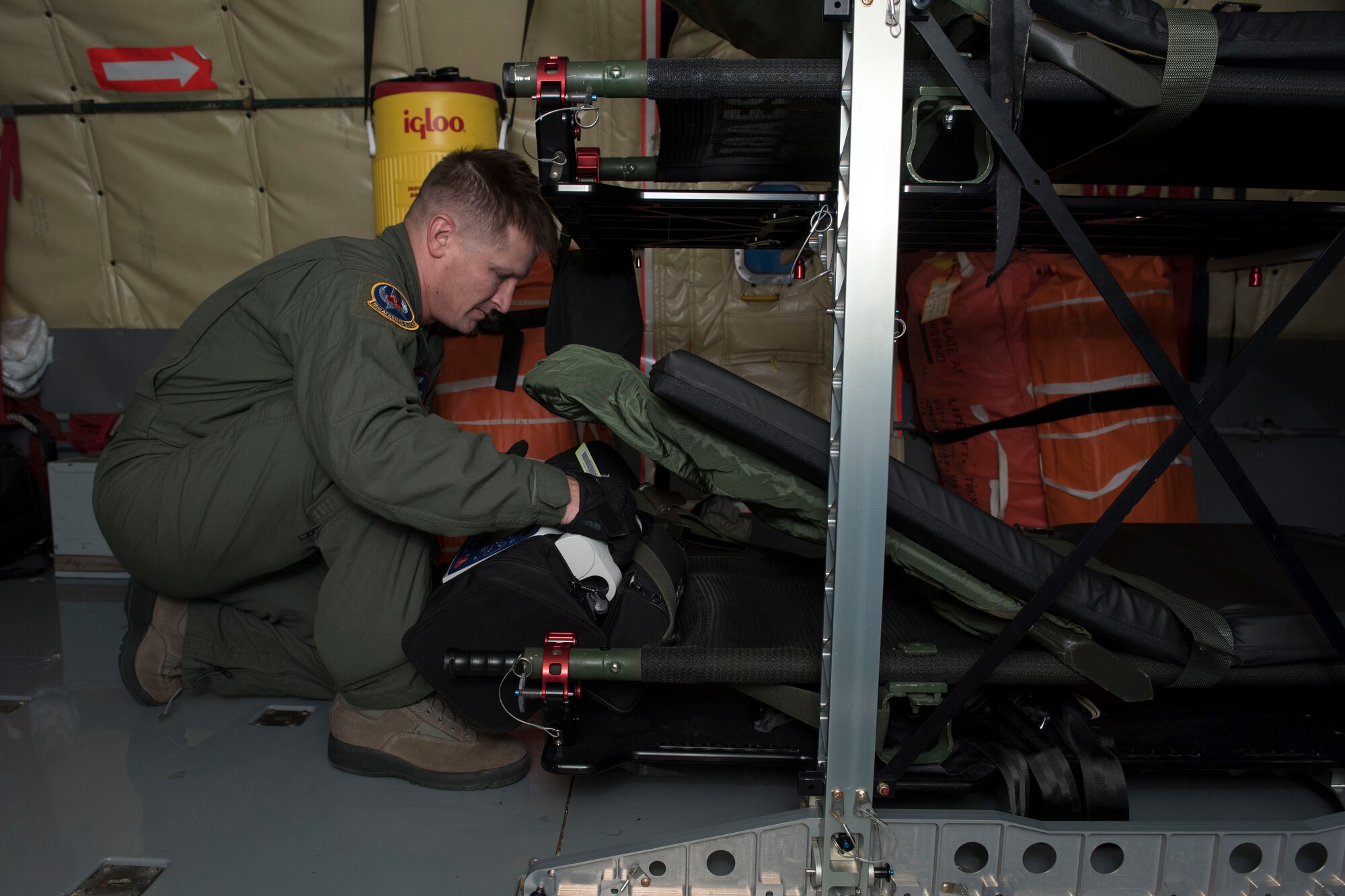 U.S. Air Force Tech. Sgt. Michael Cotter, 18th Aeromedical Evacuation Squadron clinical management flight chief, stows medical supplies May 3, 2017, at Kadena Air Base, Japan. The Indo-Asia-Pacific Region is susceptible to a variety of natural disasters, stressing the importance 18th AES’ ability to provide humanitarian assistance in the event of an emergency. (U.S. Air Force photo by Senior Airman John Linzmeier)