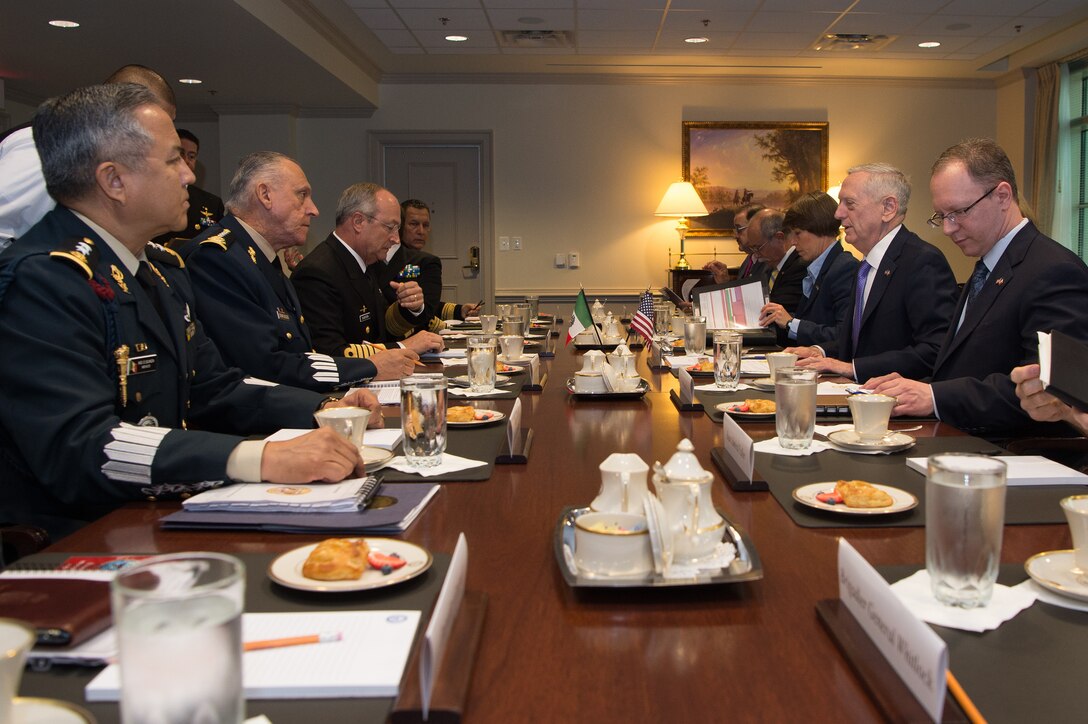 Defense Secretary Jim Mattis meets with Mexican National Defense Secretary Gen. Salvador Cienfuegos Zepeda and Mexican Navy Secretary Adm. Vidal Francisco Soberon Sanz at the Pentagon, May 22, 2017. DoD photo by Army Sgt. Amber I. Smith